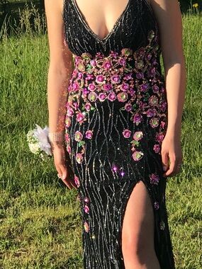 Primavera Couture Black Gown with Pink Floral Embellishments